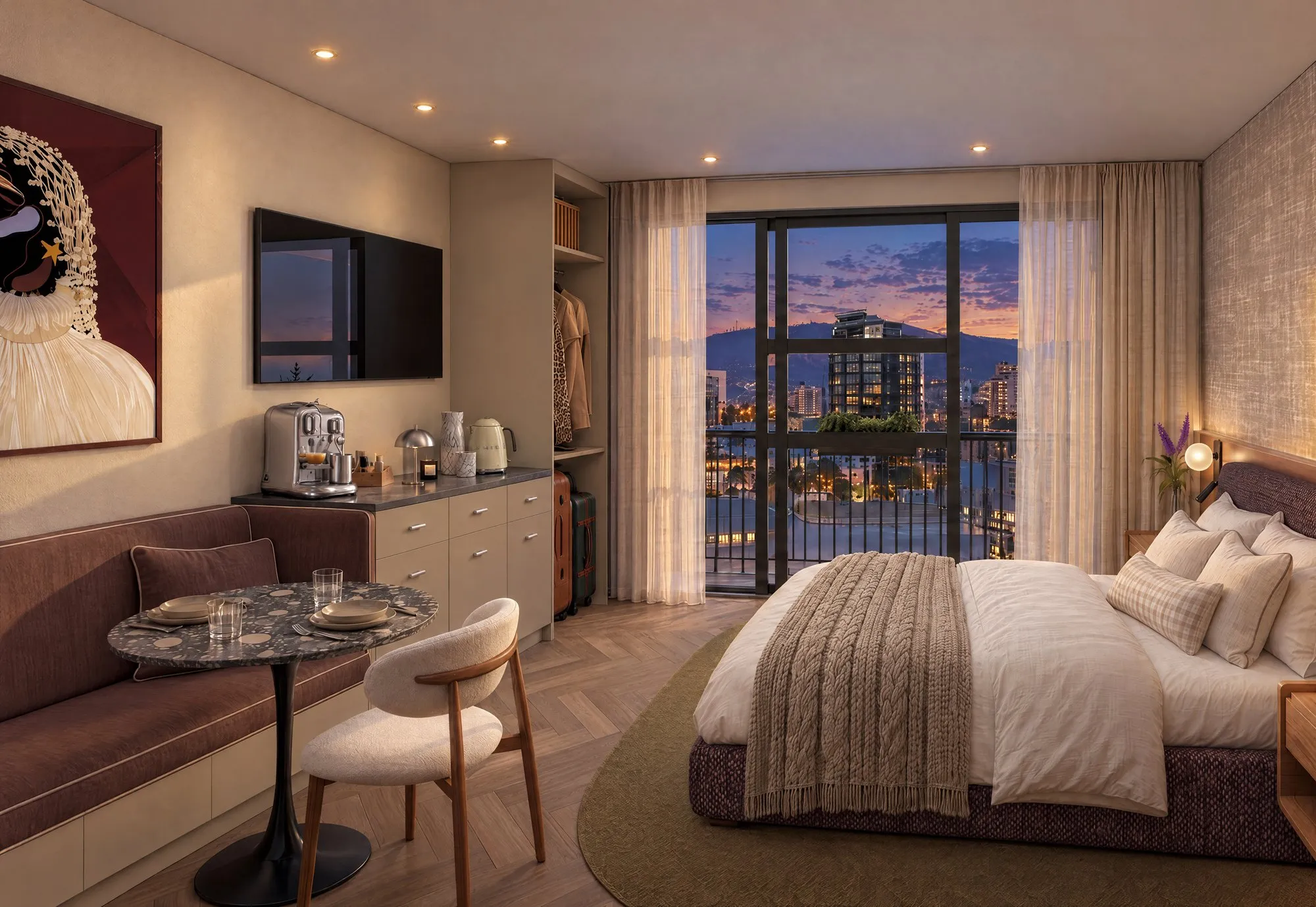 Studio residence at dusk, with a city view past the bed and a dining nook by the joinery